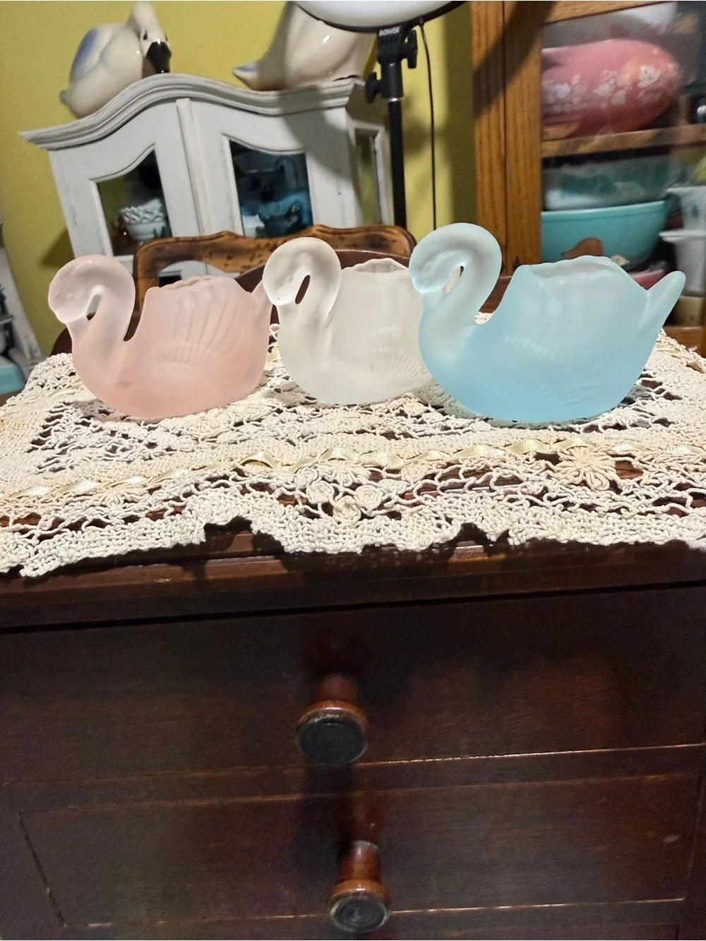 Fenton-Style Satin Glass Swan votives candle holder Dishes - Pink, White, Blue